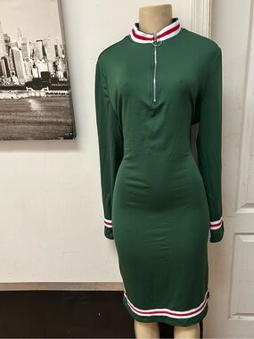 Green Mock Neck Top with Red & White Stripe Collar